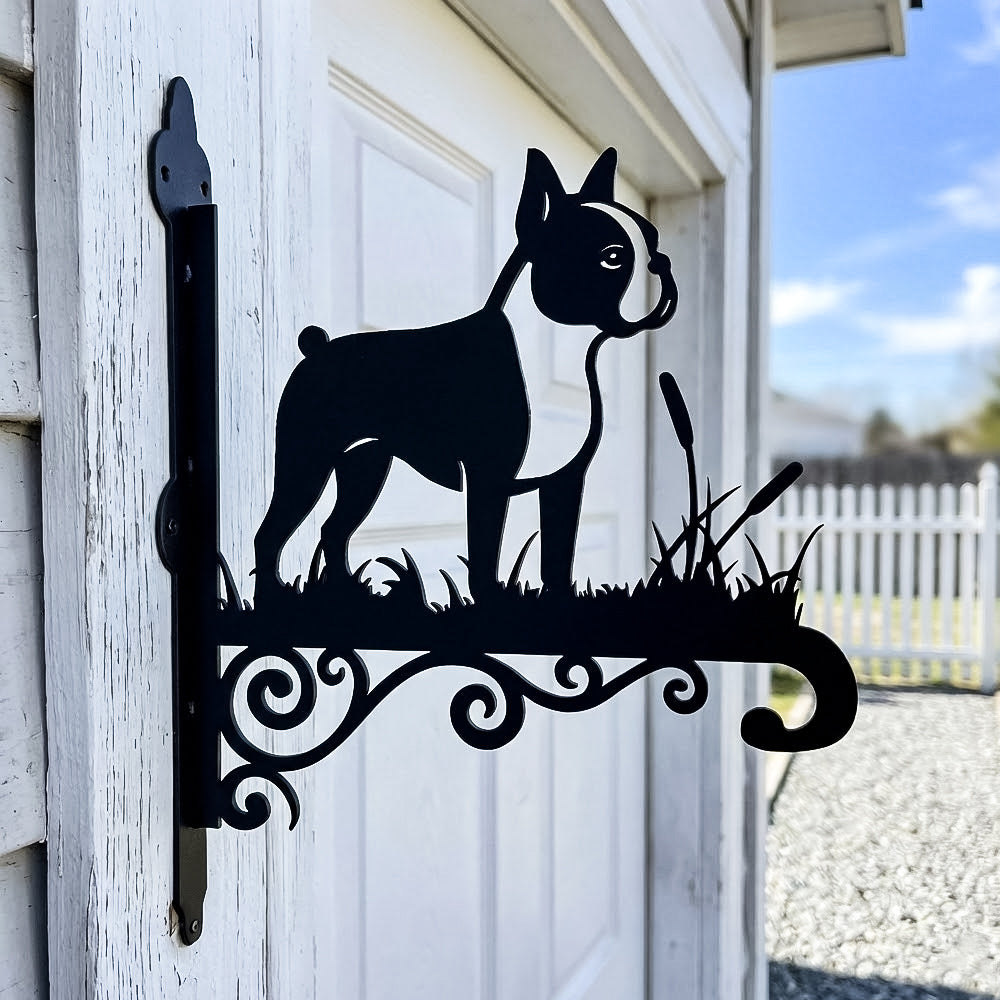 Boston terrier metal hanging basket bracket mounted on outdoor wall for plant decoration