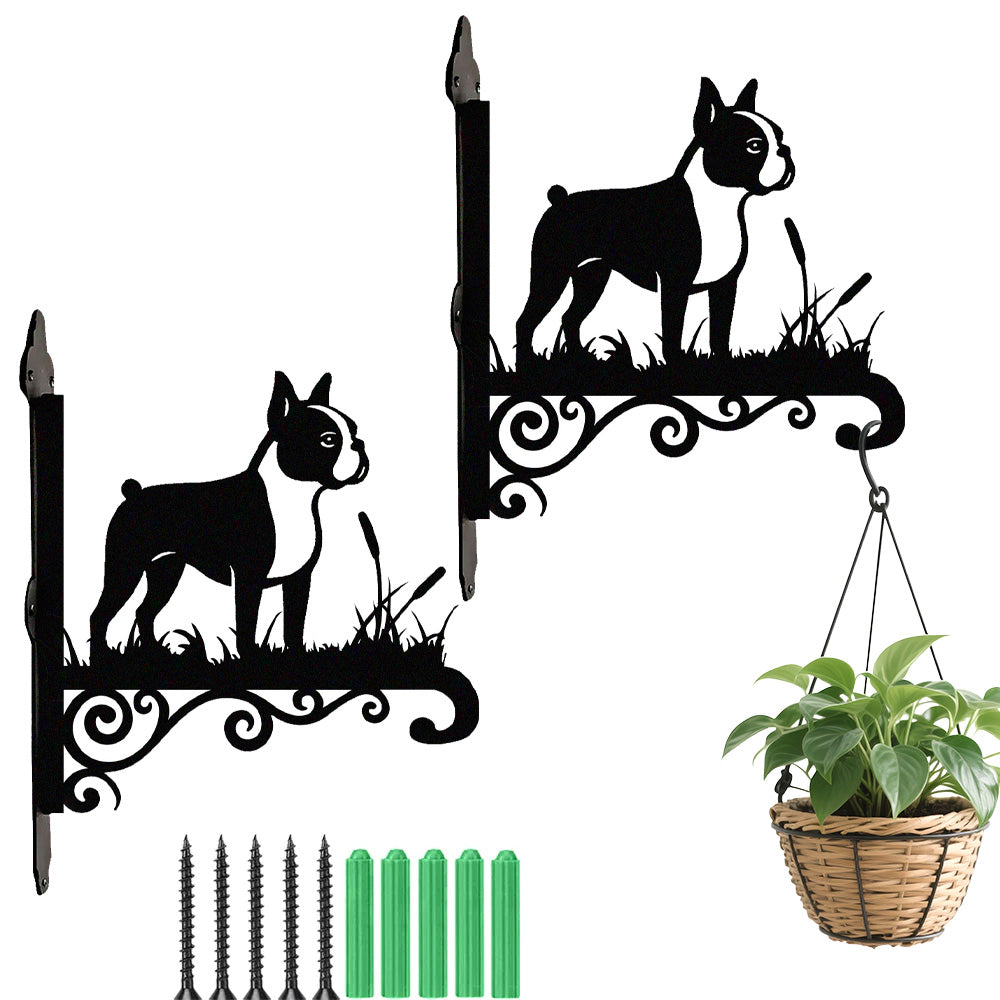 Boston terrier metal hanging basket bracket mounted on outdoor wall for plant decoration