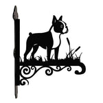 Boston terrier metal hanging basket bracket mounted on outdoor wall for plant decoration