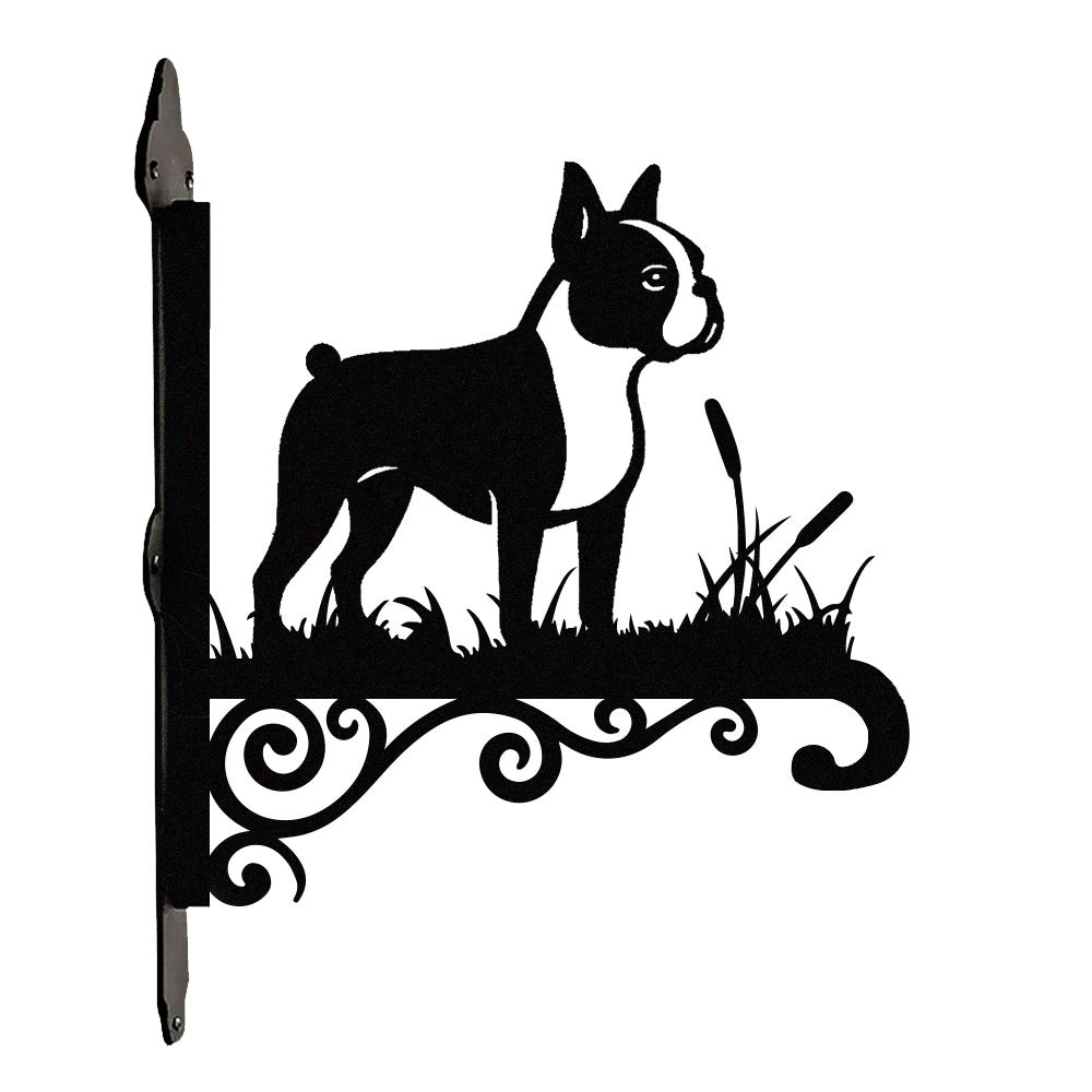 Boston terrier metal hanging basket bracket mounted on outdoor wall for plant decoration