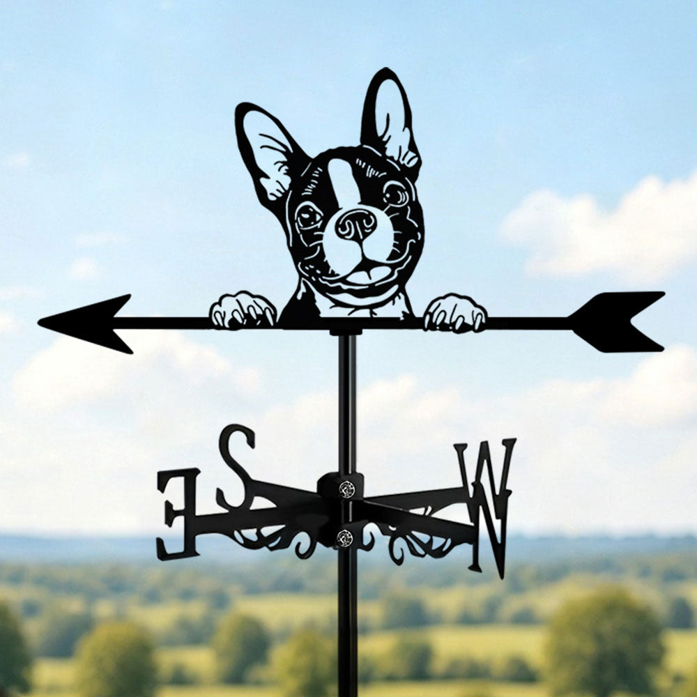 Boston Terrier metal weather vane with directional arrows and mounting rod, outdoor roof and garden decoration