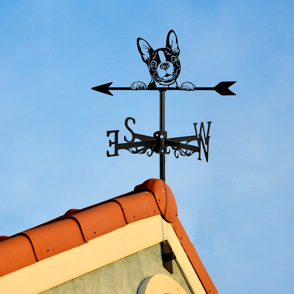 Boston Terrier metal weather vane with directional arrows and mounting rod, outdoor roof and garden decoration