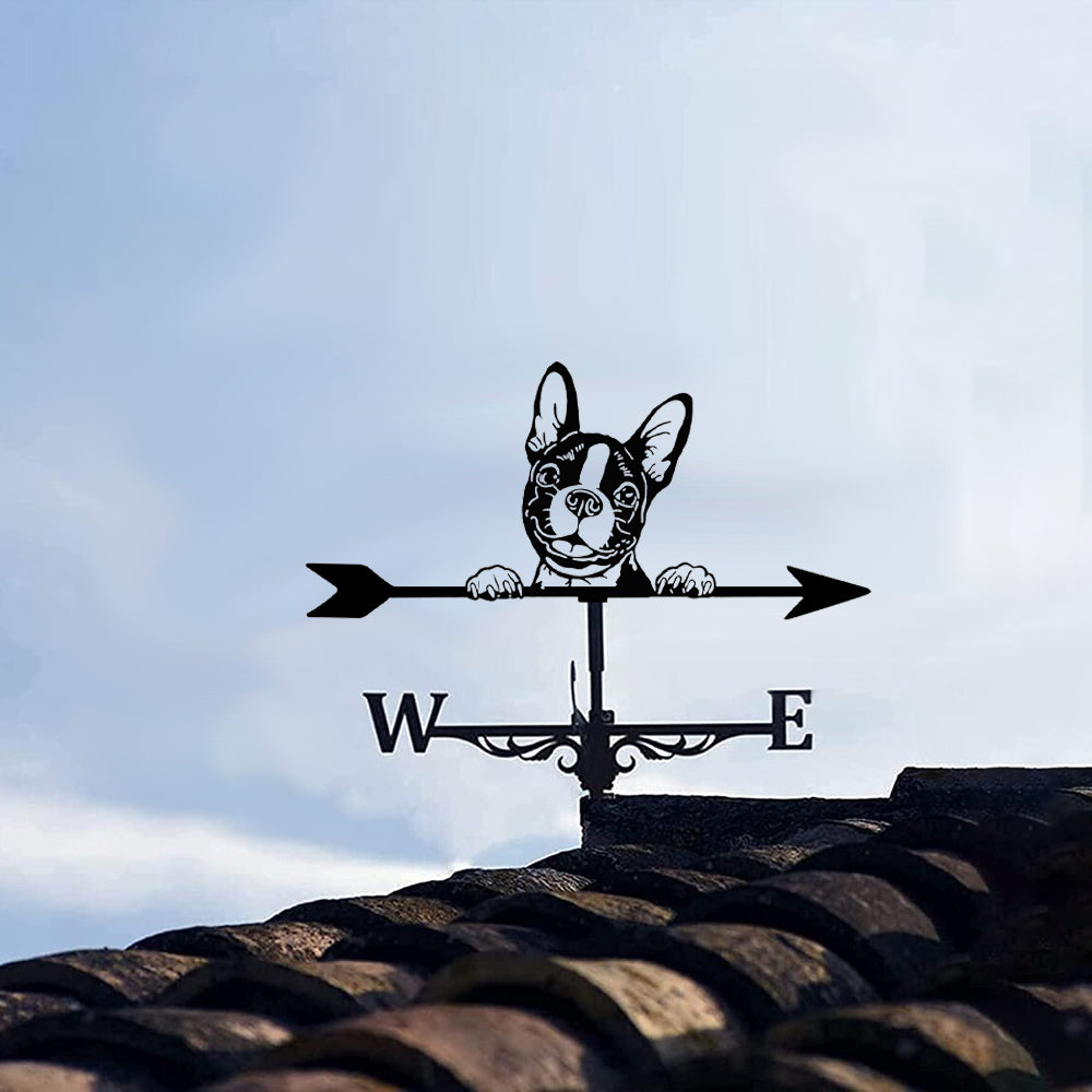 Boston Terrier metal weather vane with directional arrows and mounting rod, outdoor roof and garden decoration