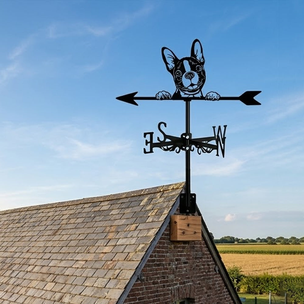 Boston Terrier metal weather vane with directional arrows and mounting rod, outdoor roof and garden decoration
