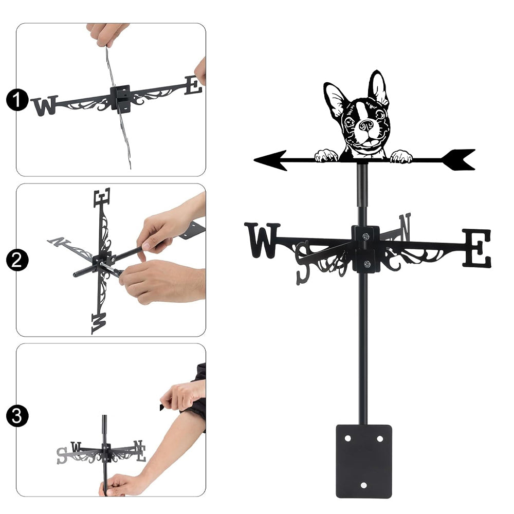 Boston Terrier metal weather vane with directional arrows and mounting rod, outdoor roof and garden decoration