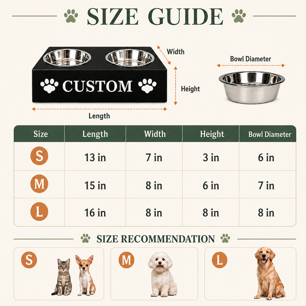 Custom elevated pet bowl stand size guide with S, M and L options