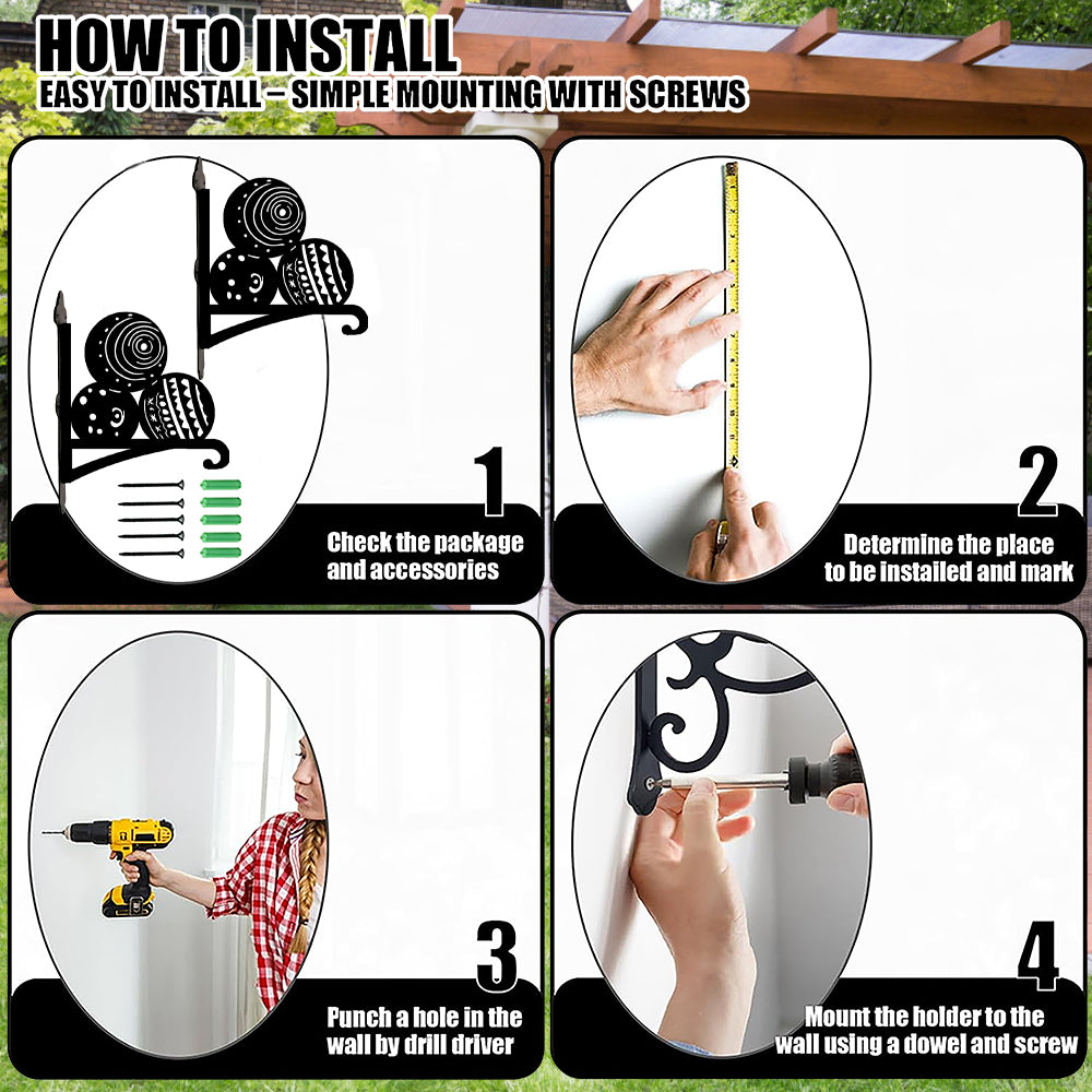 Bowling balls metal hanging basket bracket mounted on outdoor wall for plant decoration