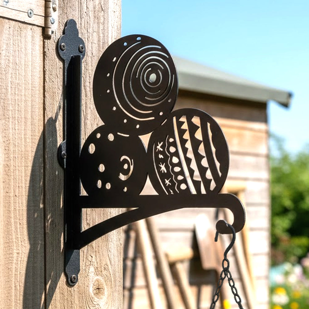 Bowling balls metal hanging basket bracket mounted on outdoor wall for plant decoration