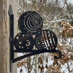 Bowling balls metal hanging basket bracket mounted on outdoor wall for plant decoration