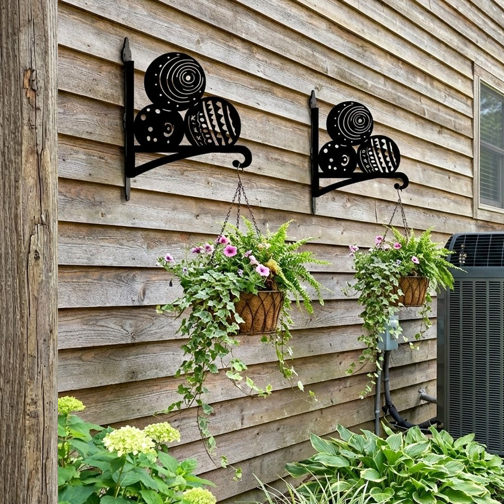 Bowling balls metal hanging basket bracket mounted on outdoor wall for plant decoration