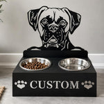 Personalized boxer metal dog bowl stand with custom name cutout and two removable feeding bowls