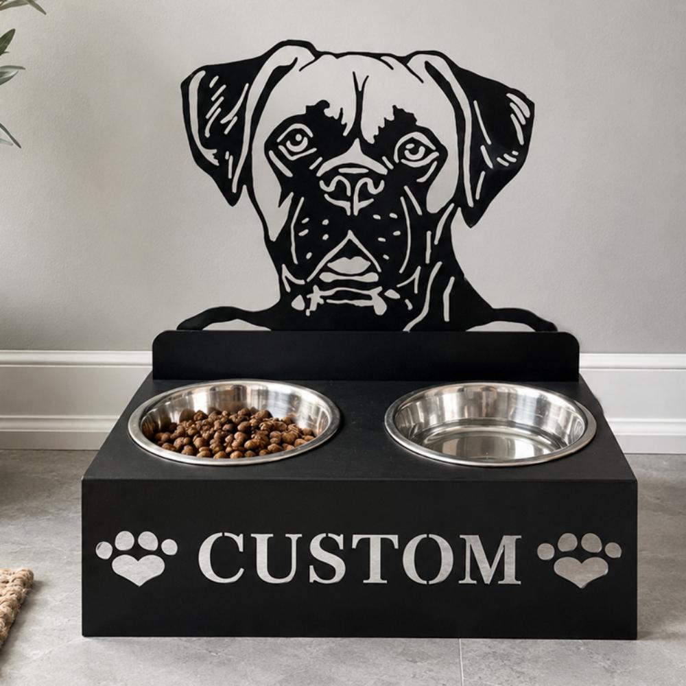Personalized boxer metal dog bowl stand with custom name cutout and two removable feeding bowls