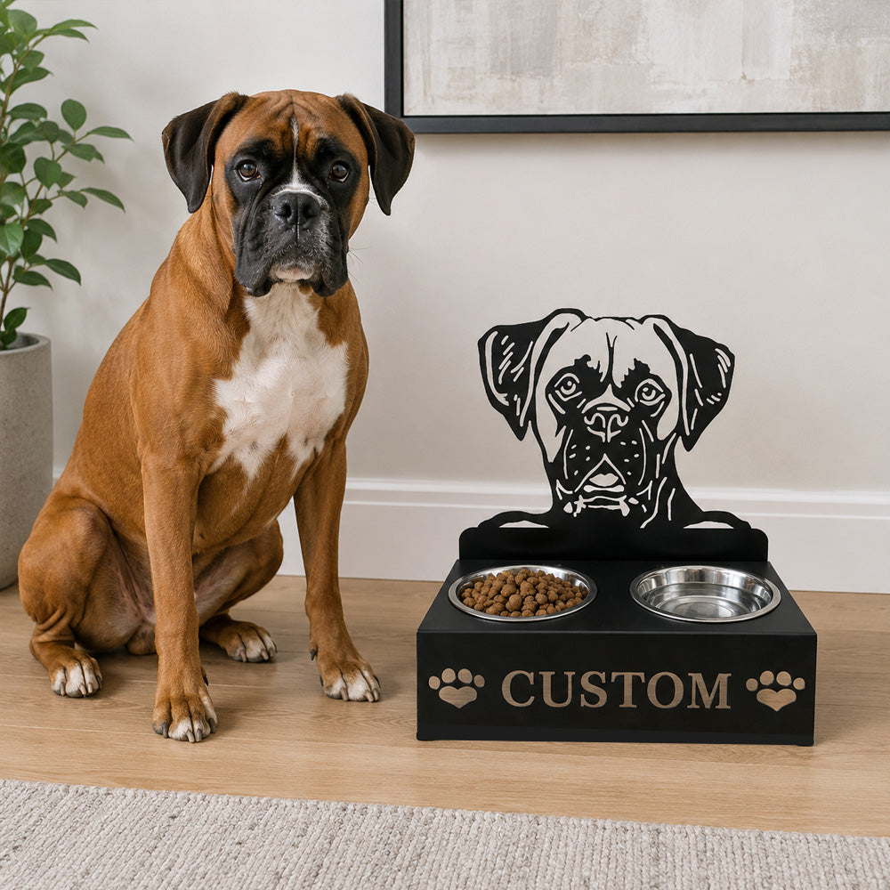 Personalized boxer metal dog bowl stand with custom name cutout and two removable feeding bowls