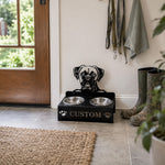 Personalized boxer metal dog bowl stand with custom name cutout and two removable feeding bowls