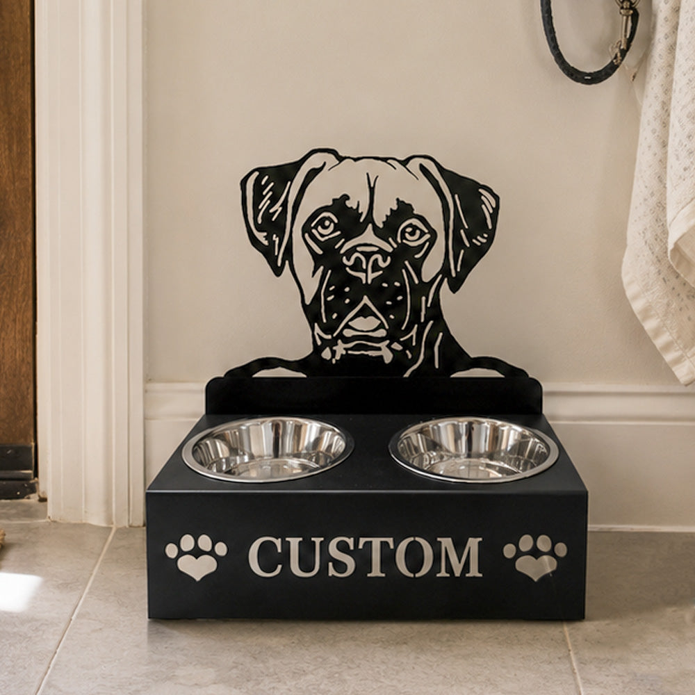 Personalized boxer metal dog bowl stand with custom name cutout and two removable feeding bowls