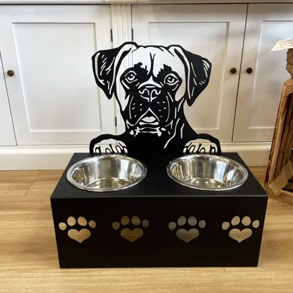 Personalized boxer metal dog bowl stand with custom name cutout and two removable feeding bowls