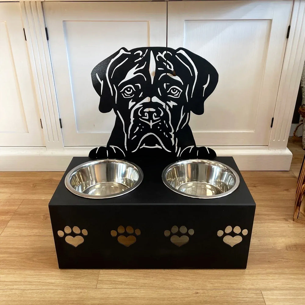 Personalized boxer metal dog bowl stand with custom name cutout and two removable feeding bowls