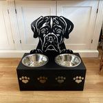 Personalized boxer metal dog bowl stand with custom name cutout and two removable feeding bowls