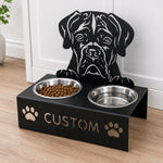 Personalized boxer metal dog bowl stand with custom name cutout and two removable feeding bowls
