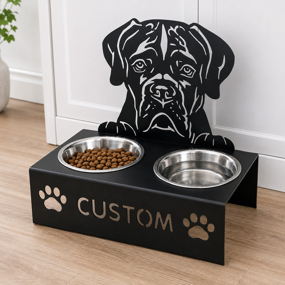 Personalized boxer metal dog bowl stand with custom name cutout and two removable feeding bowls