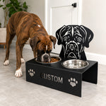 Personalized boxer metal dog bowl stand with custom name cutout and two removable feeding bowls