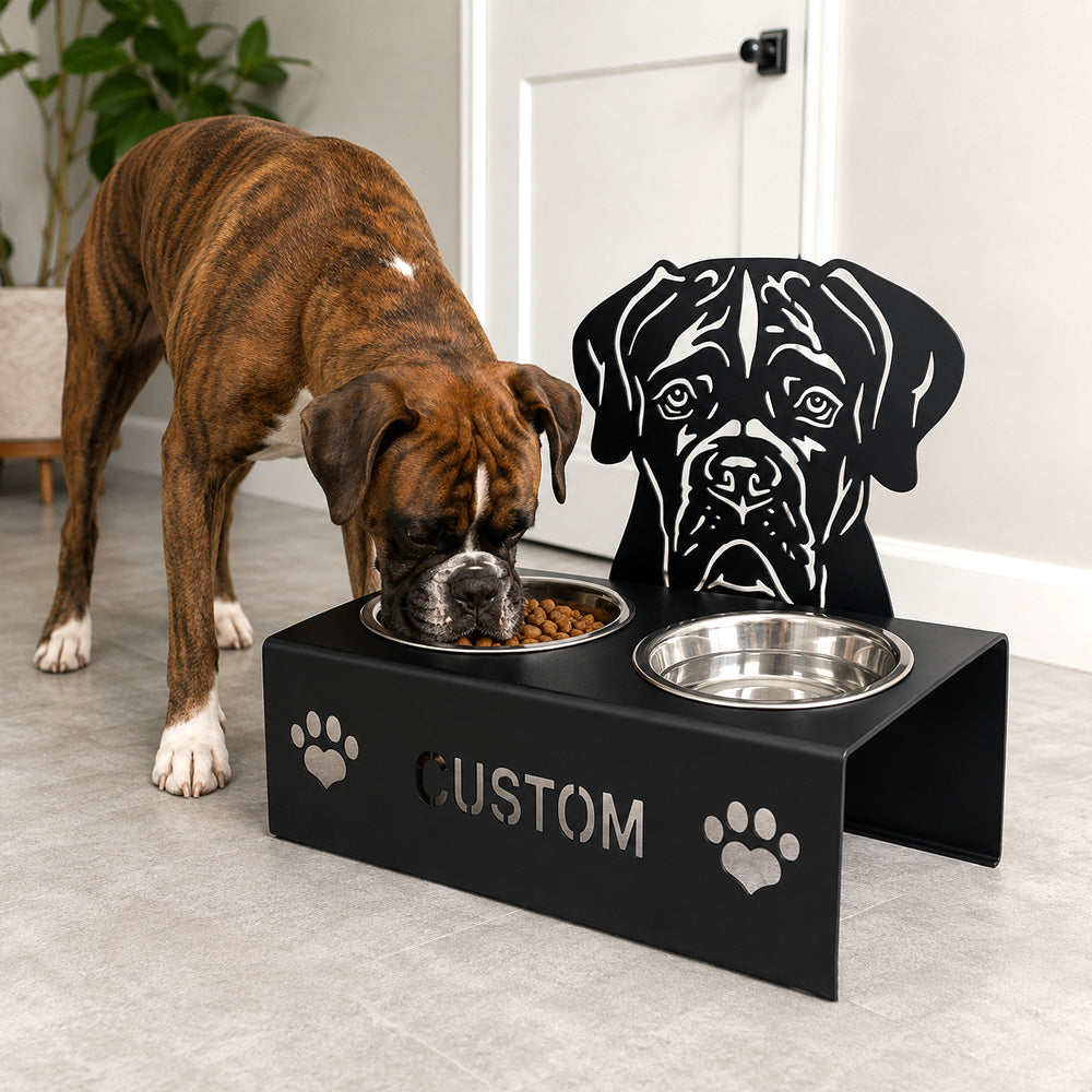 Personalized boxer metal dog bowl stand with custom name cutout and two removable feeding bowls