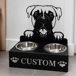 Personalized boxer metal dog bowl stand with custom name cutout and two removable feeding bowls