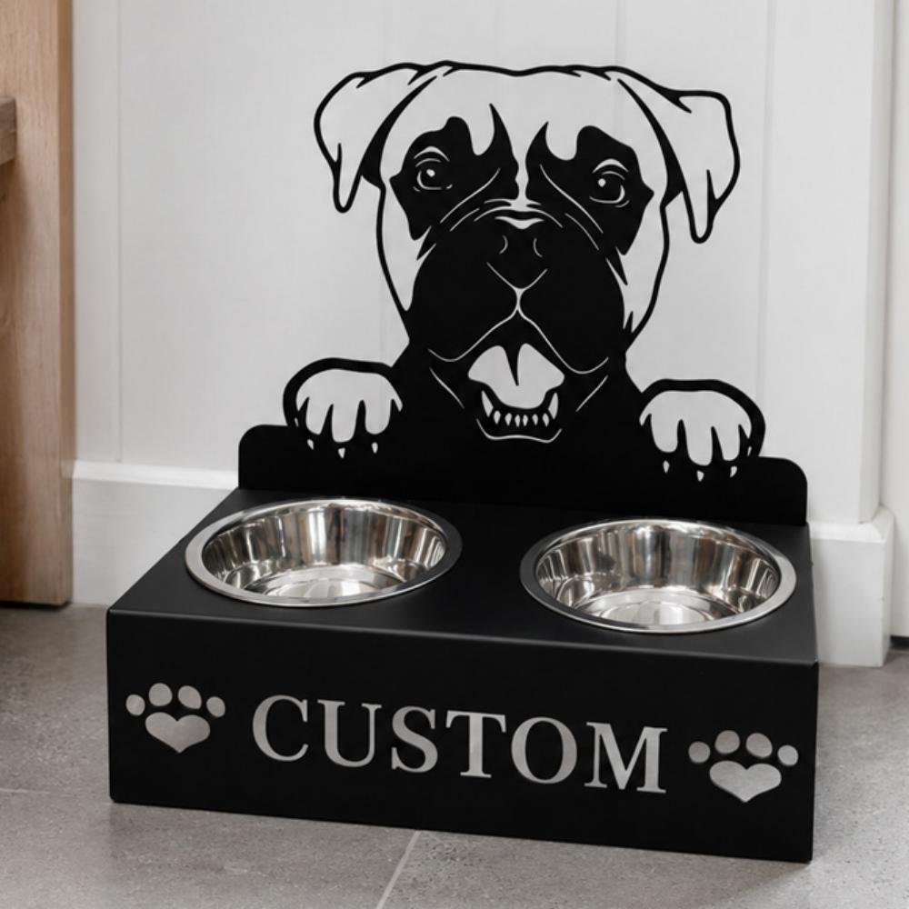Personalized boxer metal dog bowl stand with custom name cutout and two removable feeding bowls