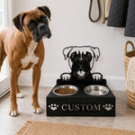 Personalized boxer metal dog bowl stand with custom name cutout and two removable feeding bowls