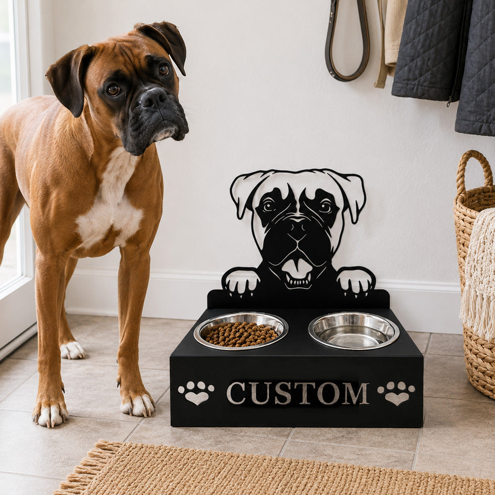 Personalized boxer metal dog bowl stand with custom name cutout and two removable feeding bowls