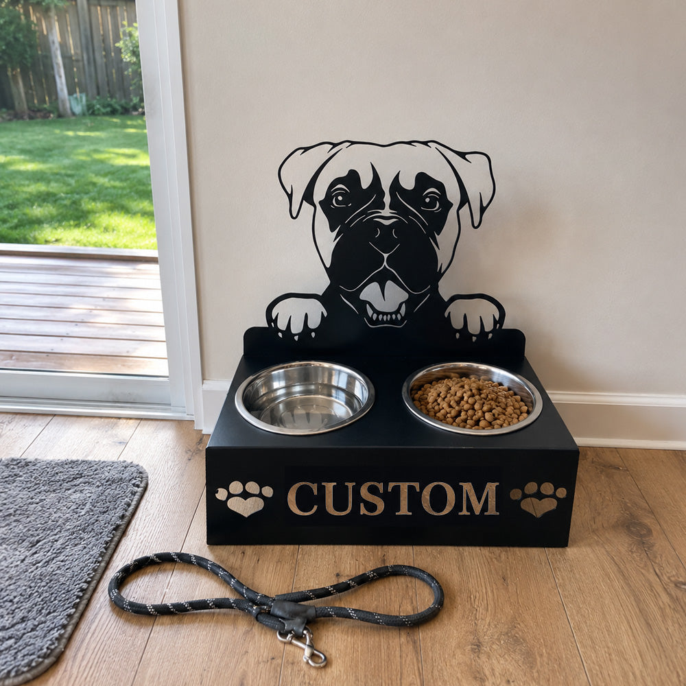 Personalized boxer metal dog bowl stand with custom name cutout and two removable feeding bowls