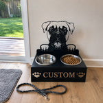 Personalized boxer metal dog bowl stand with custom name cutout and two removable feeding bowls