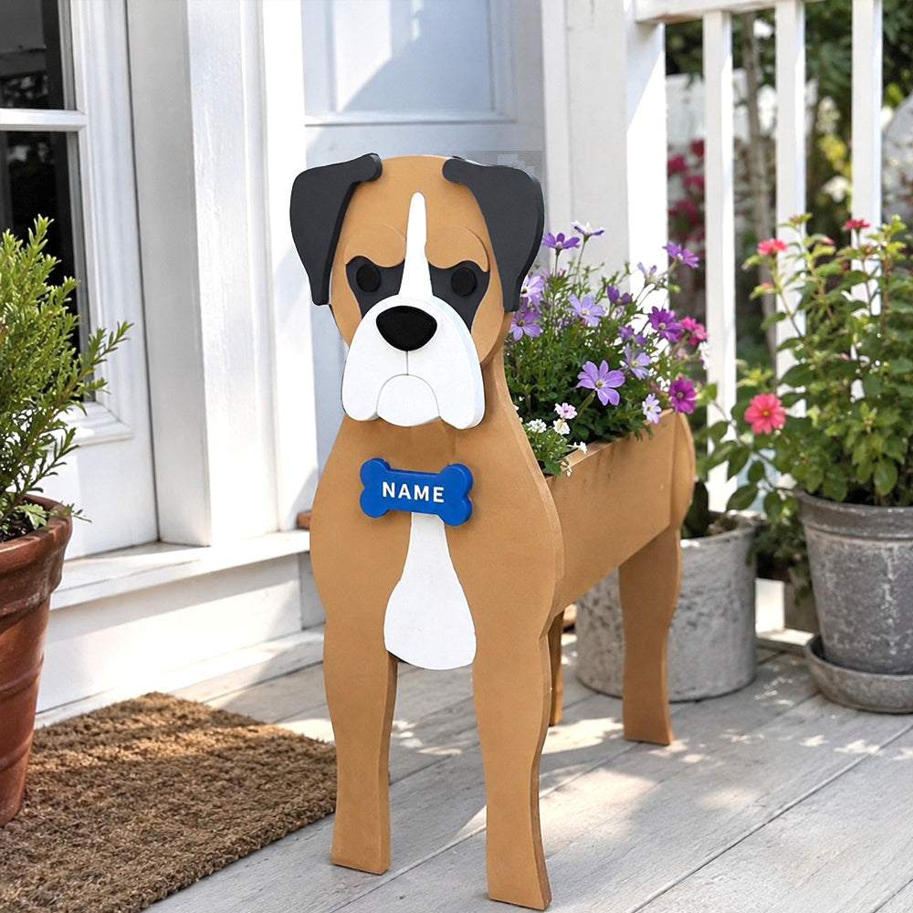 Boxer dog planter filled with fresh flowers is placed in the garden