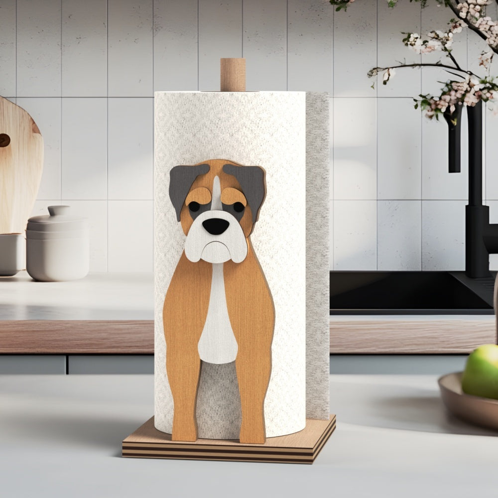 Boxer Wooden Dog Paper Towel Holder displayed on a kitchen countertop with a freestanding paper towel roll