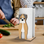 Boxer Wooden Dog Paper Towel Holder displayed on a kitchen countertop with a freestanding paper towel roll