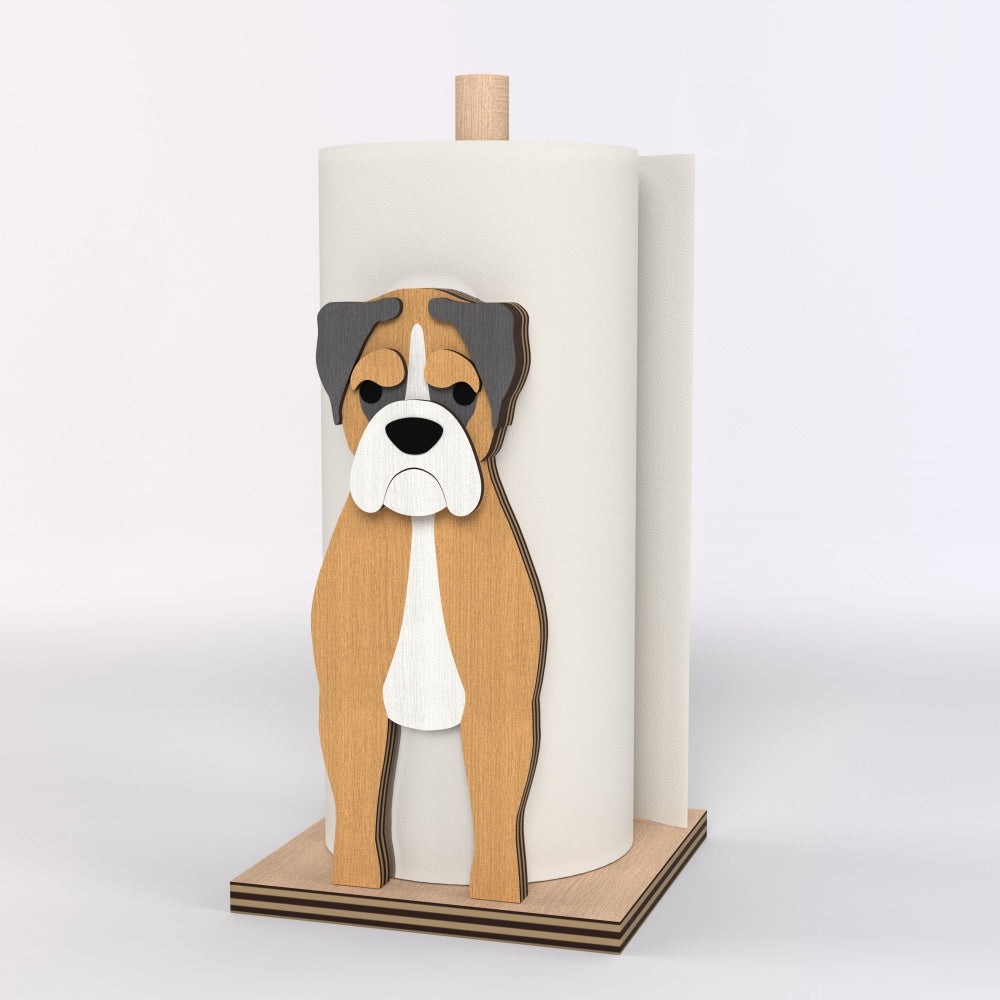 Boxer Wooden Dog Paper Towel Holder displayed on a kitchen countertop with a freestanding paper towel roll