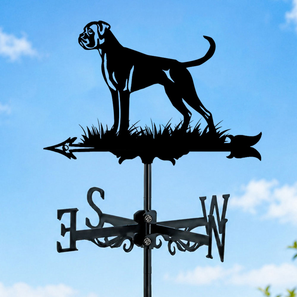 Boxer metal weather vane with directional arrows and mounting rod, outdoor roof and garden decoration