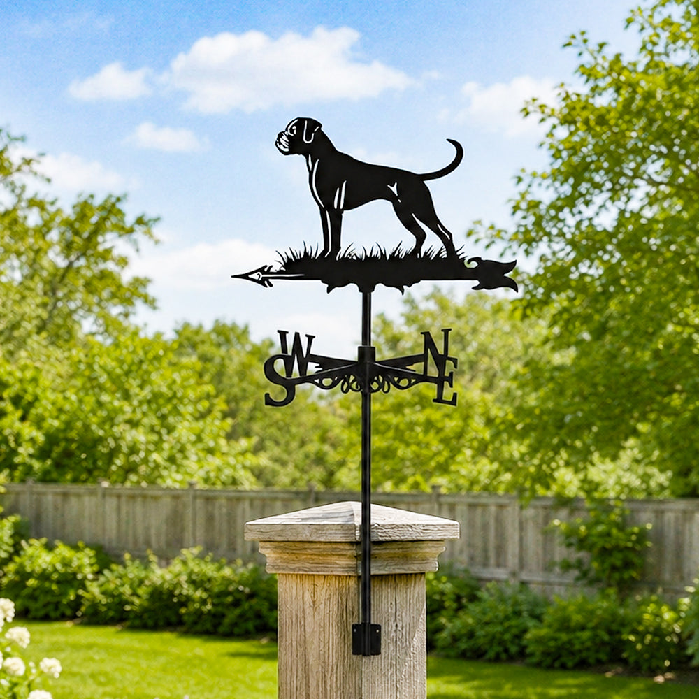 Boxer metal weather vane with directional arrows and mounting rod, outdoor roof and garden decoration
