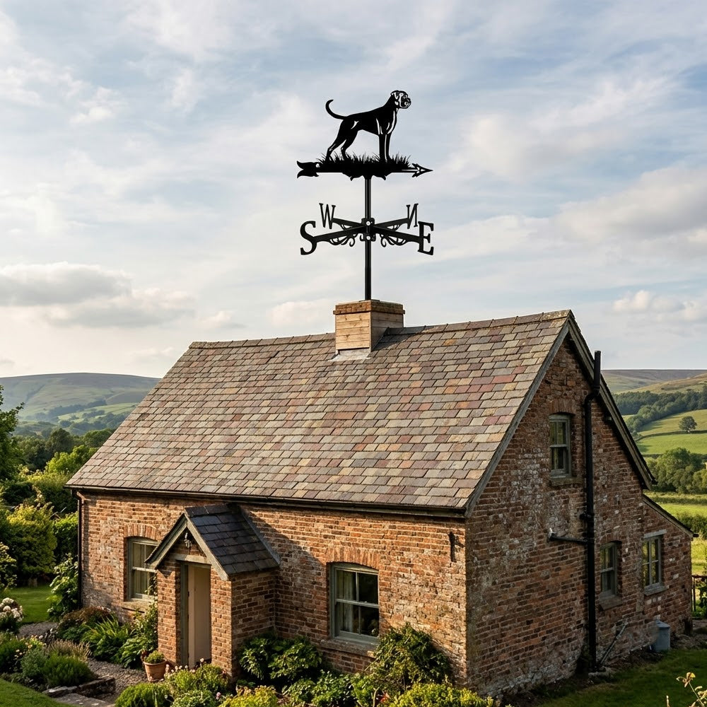 Boxer metal weather vane with directional arrows and mounting rod, outdoor roof and garden decoration