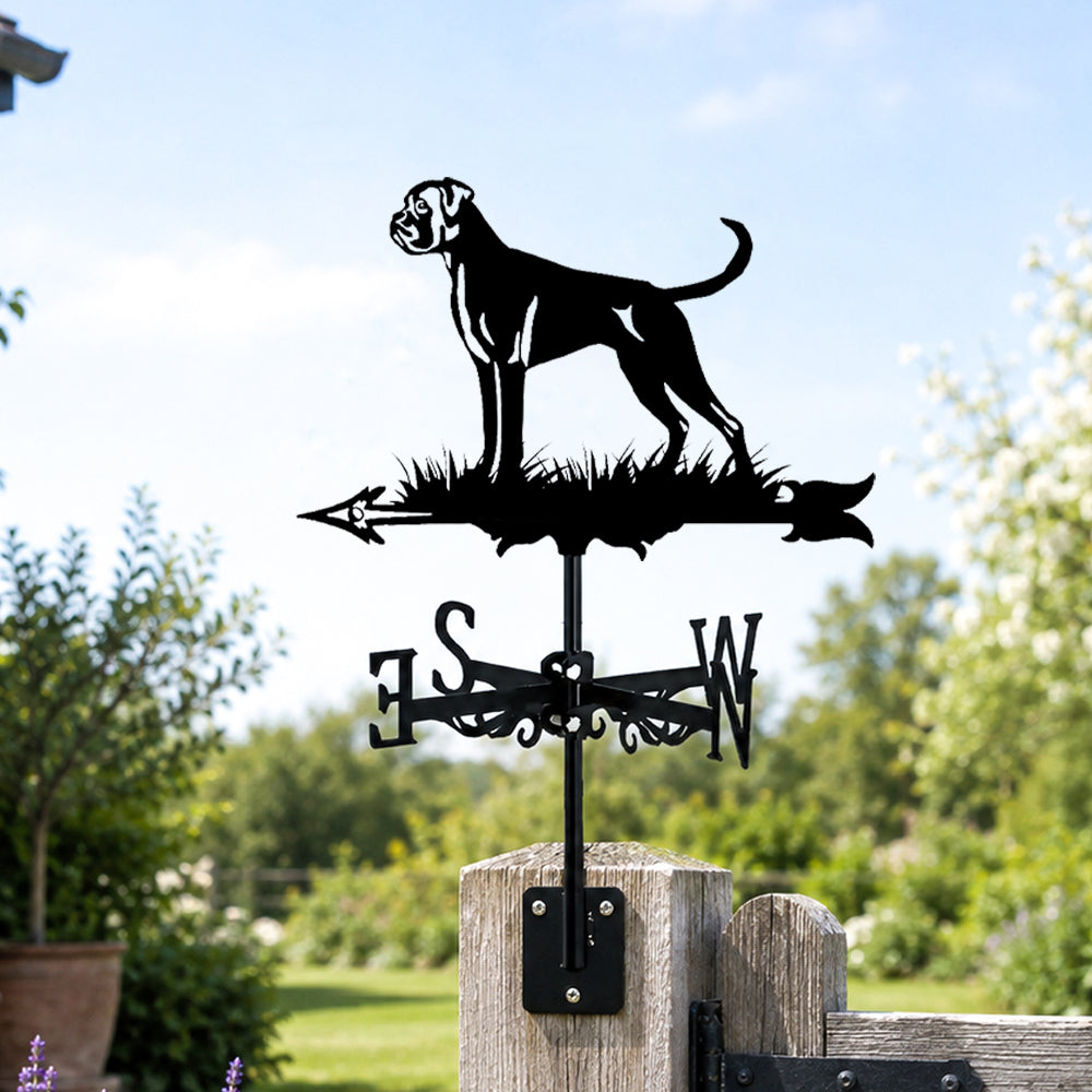 Boxer metal weather vane with directional arrows and mounting rod, outdoor roof and garden decoration
