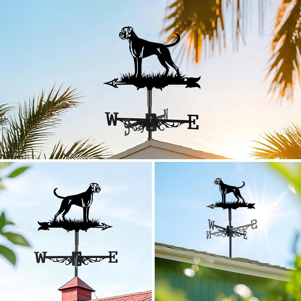 Boxer metal weather vane with directional arrows and mounting rod, outdoor roof and garden decoration