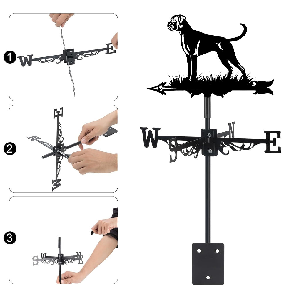 Boxer metal weather vane with directional arrows and mounting rod, outdoor roof and garden decoration