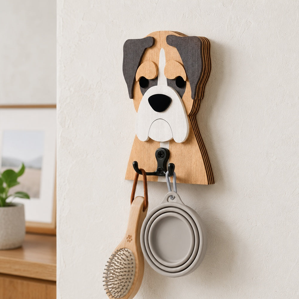 Wooden boxer dog wall hook key and leash holder for home entryway organizer
