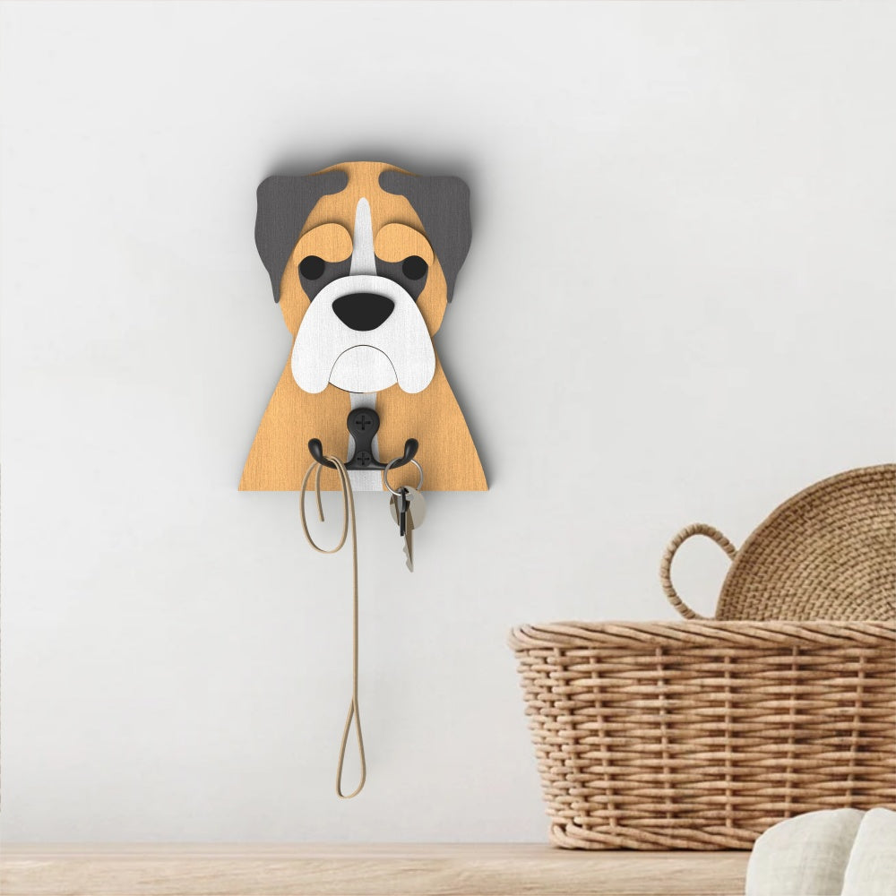 Wooden boxer dog wall hook key and leash holder for home entryway organizer