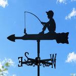 Boy fishing metal weather vane with directional arrows and mounting rod, outdoor roof and garden decoration
