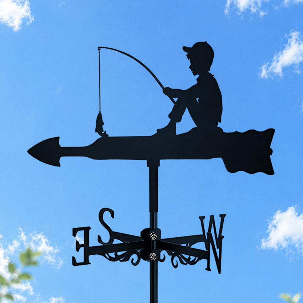 Boy fishing metal weather vane with directional arrows and mounting rod, outdoor roof and garden decoration