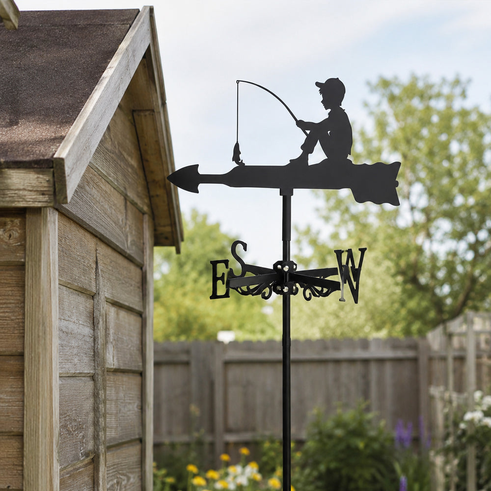 Boy fishing metal weather vane with directional arrows and mounting rod, outdoor roof and garden decoration