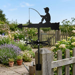 Boy fishing metal weather vane with directional arrows and mounting rod, outdoor roof and garden decoration