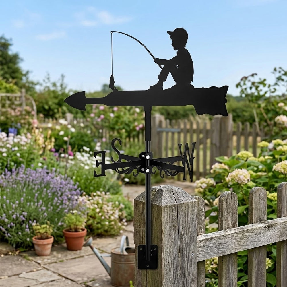 Boy fishing metal weather vane with directional arrows and mounting rod, outdoor roof and garden decoration