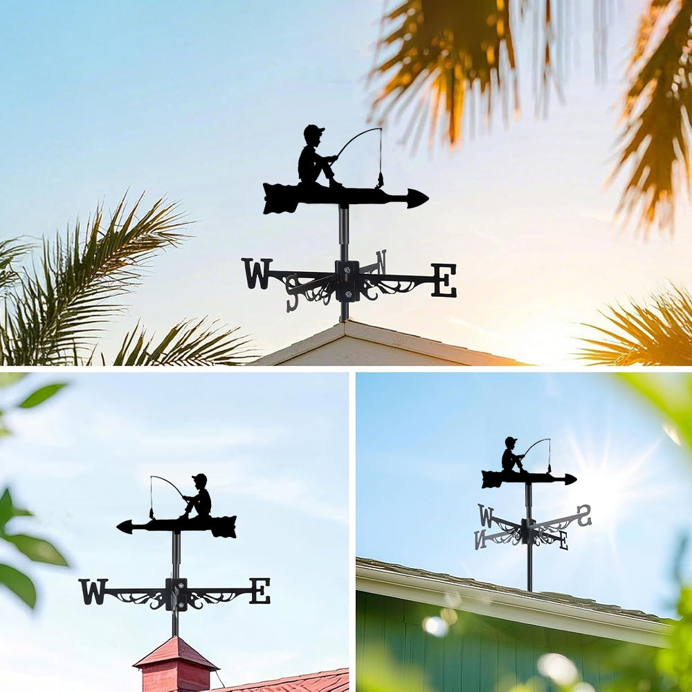 Boy fishing metal weather vane with directional arrows and mounting rod, outdoor roof and garden decoration